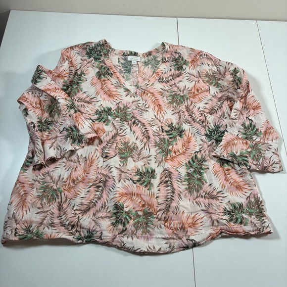J. Jill Tops - J. Jill Love Linen Blouse Women XL Pink Green Tropical Palm Leaf V-Neck